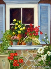 fenêtre fleurs rouge été