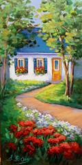 Maison chemin boisé fenêtre fleurs