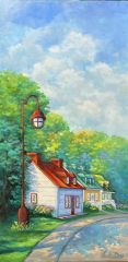 maisons - québécoises - Ile d’Orléans - toït rouge - rurale - lampadaire